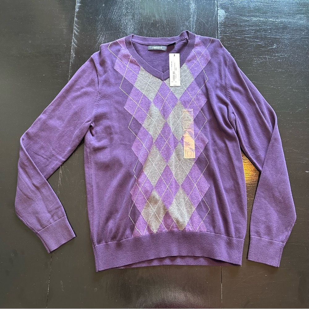 Nwt Claiborne Small Purple Argyle Gray Sweater V neck Soft New